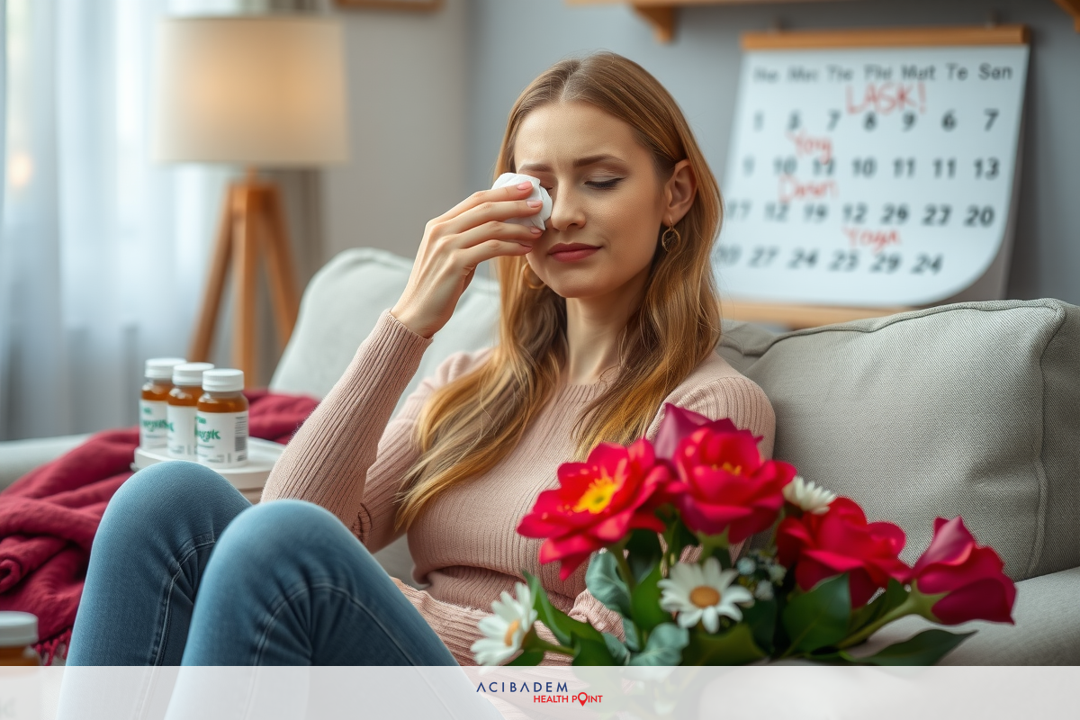 A young woman sitting on a couch with red roses and surrounded by various bottles, possibly medicine or supplements, in a cozy home environment.