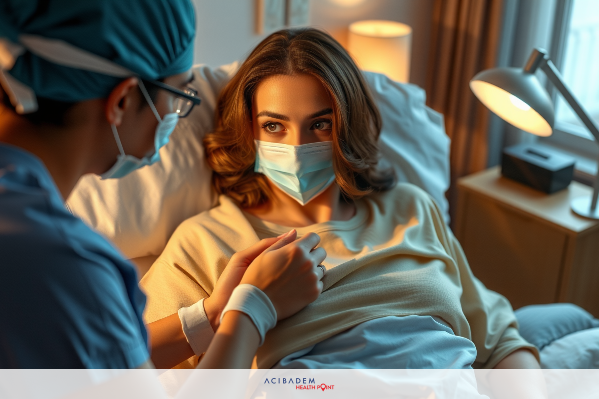 The image shows a medical setting where a healthcare professional, wearing surgical scrubs and a face mask, is attending to a patient.