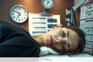 The image features a woman lying on an examination table in what appears to be a medical setting. She is wearing a black gown, suggesting she may have just arrived for an appointment or test.