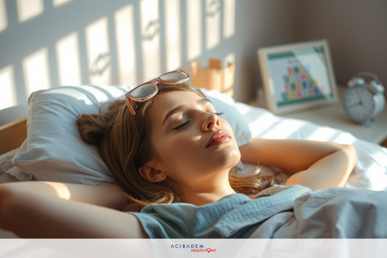 This is a photograph of a woman lying in bed, possibly after a sunset. The room has soft lighting and appears to be an indoor setting with comfortable bedding and pillows.