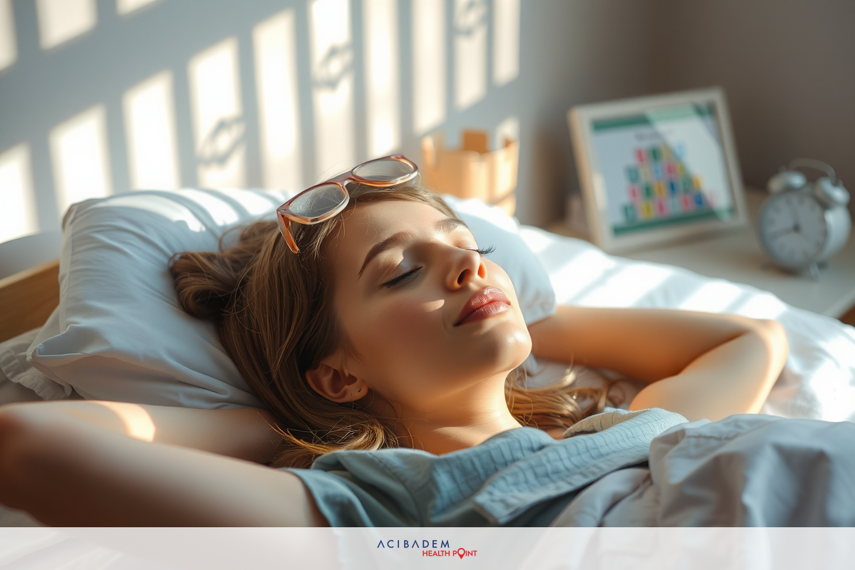 This is a photograph of a woman lying in bed, possibly after a sunset. The room has soft lighting and appears to be an indoor setting with comfortable bedding and pillows.
