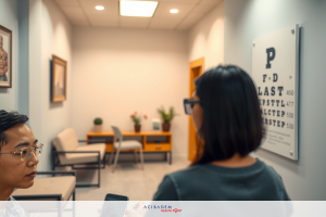 The image depicts an office environment with two individuals seated. One person is holding a cell phone, appearing engaged in conversation or observing its screen.