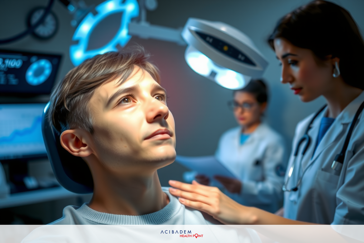 A man is seated in a chair, looking towards the camera. He has a headset on and appears to be receiving some sort of medical treatment.