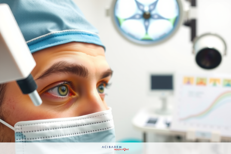 A man in a medical setting wearing an examination gown and an ophthalmic headrest. He is focused on his work, possibly assessing a patient's eye health or conducting an eye exam.