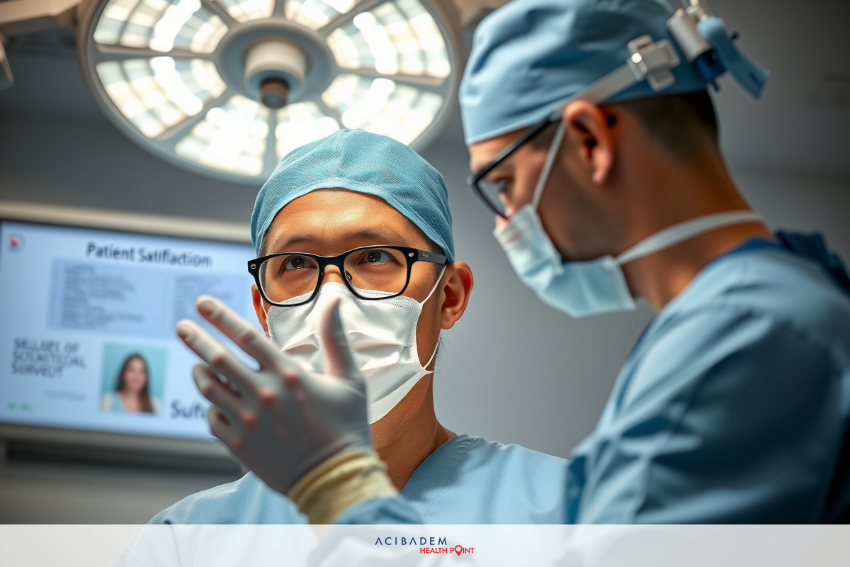 The image shows two doctors in a hospital operating room. One doctor is conducting a procedure on a patient, and the other doctor is assisting by holding a surgical instrument.