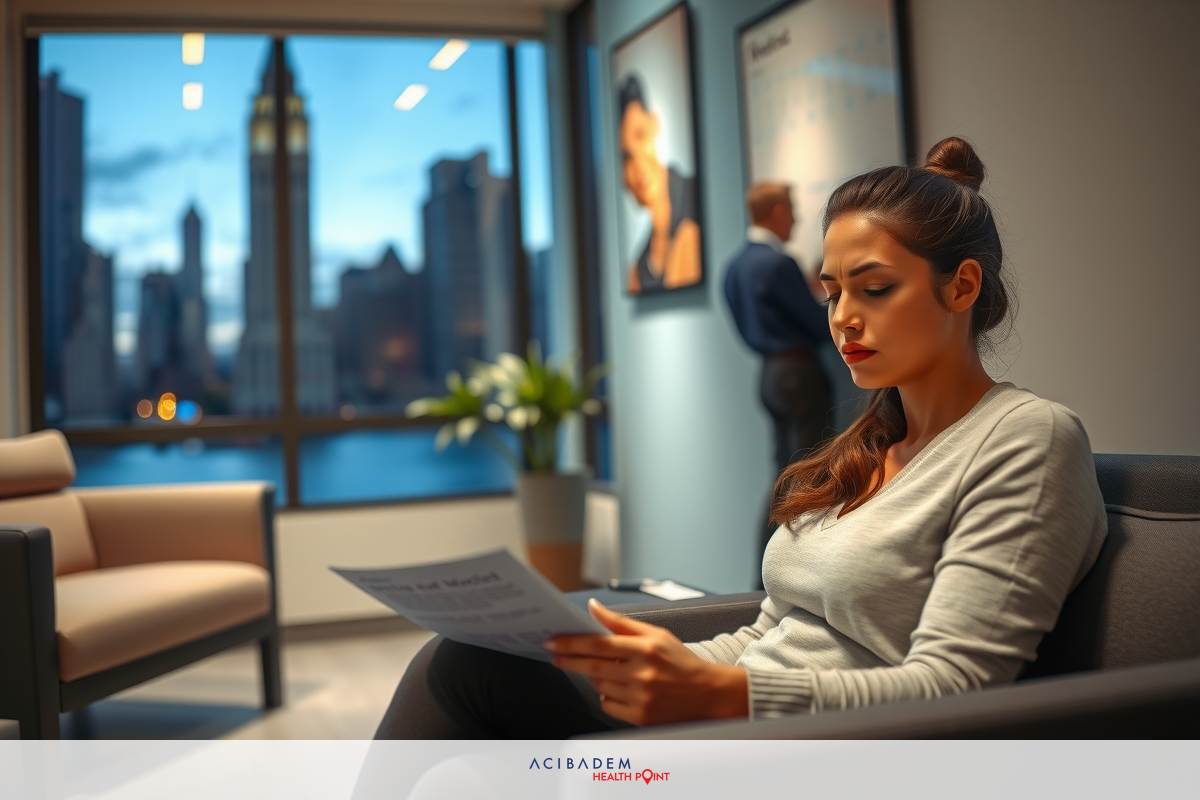 A beautiful young woman in a business setting, reading a document. She is dressed in professional attire, wearing a gray shirt and her hair is neatly pulled back into a bun.
