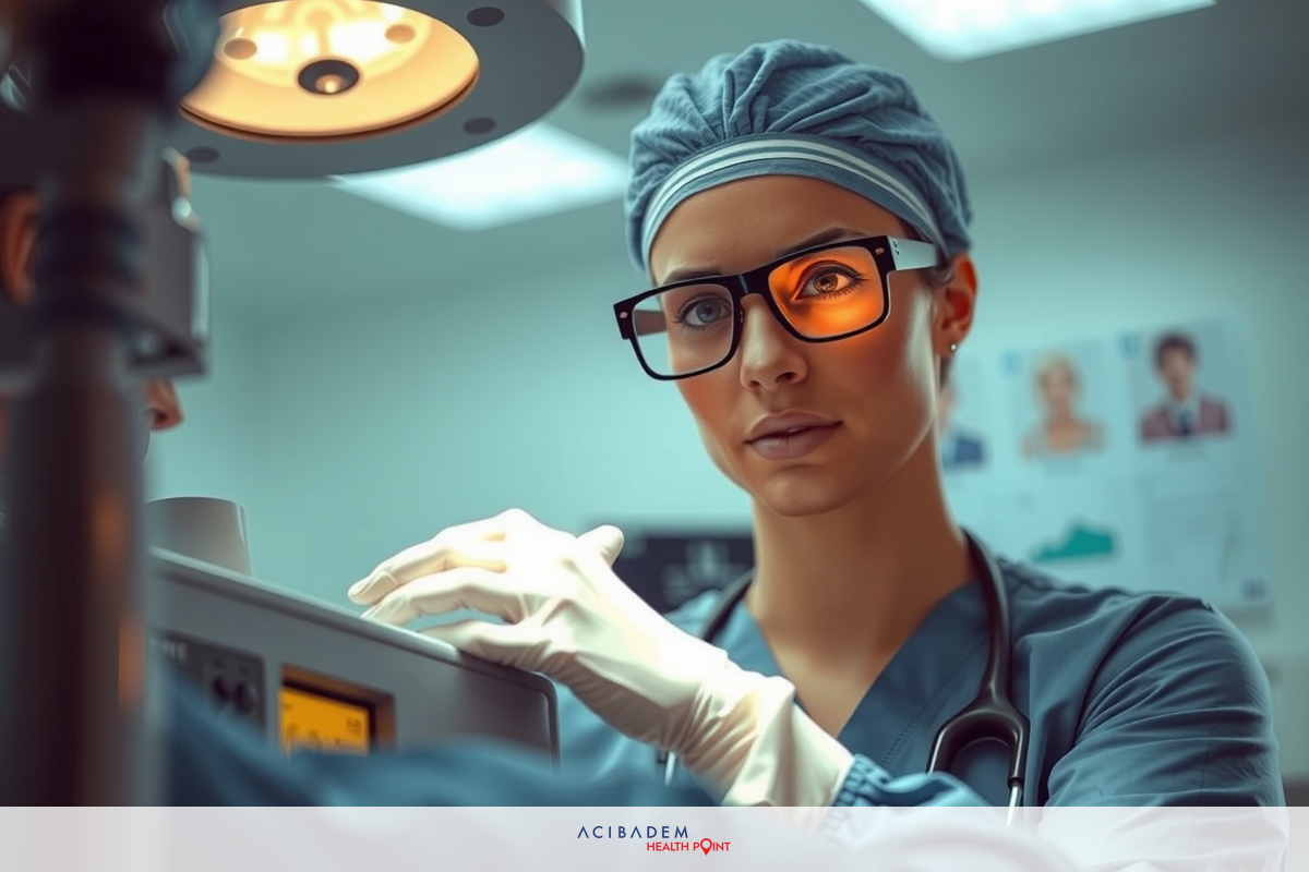 The image shows a medical professional, presumably a surgeon, in an operating room environment.
