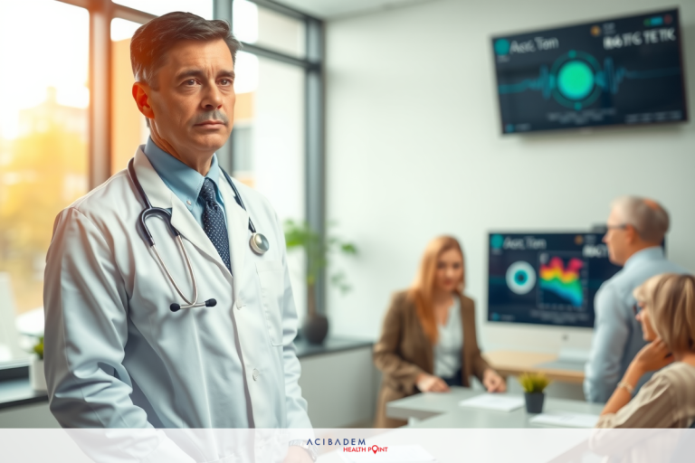 How Much Does Laser Eye Surgery Cost in Ireland The image depicts a professional office setting. A doctor, identifiable by his white coat with a stethoscope around the neck and tie, stands confidently with his hands on his hips facing the camera.