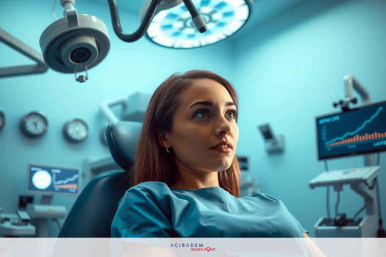 A person wearing a surgical gown and cap, sitting in an operating room with various medical equipment around.