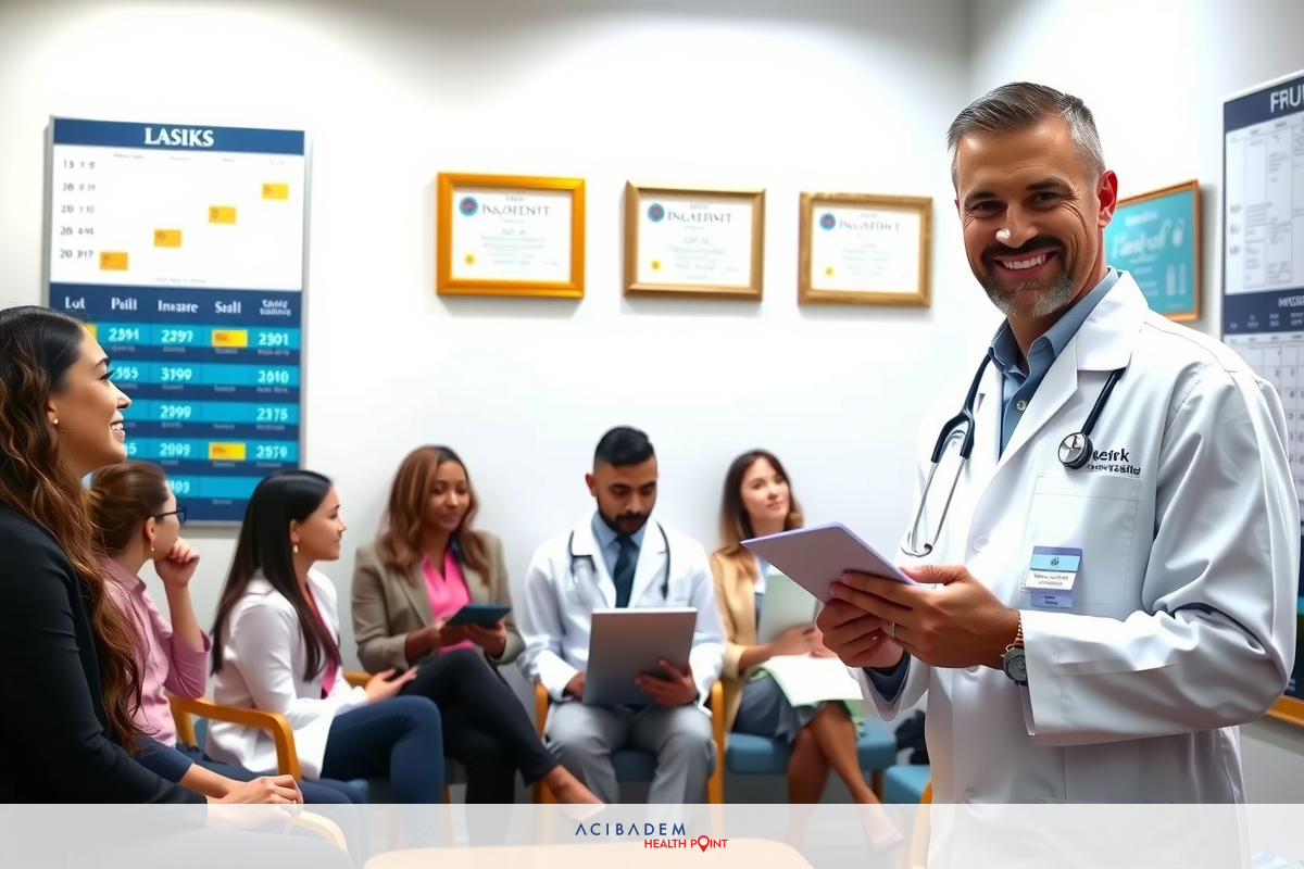 In the image, there is a group of people gathered in a room. At the center, a man stands out as he is wearing a white lab coat. He appears to be addressing or leading the discussion among the group.