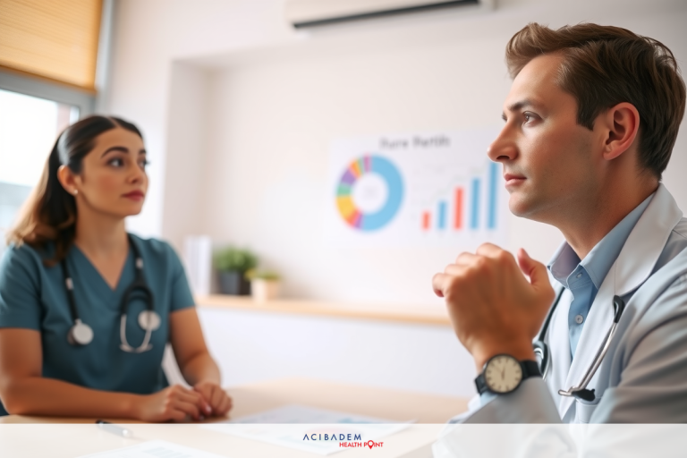 How Much Does Laser Surgery Cost for Eyes Two doctors, a man and a woman, in an office setting discussing patient's condition. The doctor on the right is wearing a white coat and gesturing with his hand on a desk covered with medical documents.