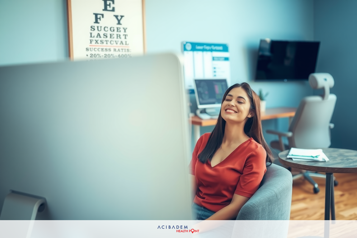 A woman is sitting at a desk with an open laptop. She appears to be smiling and enjoying her work on the computer.
