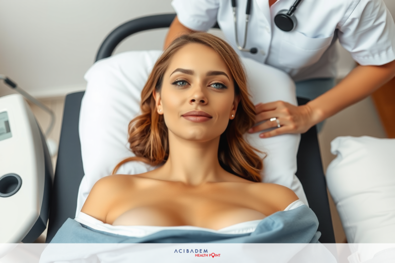 The image features a woman lying on her back, wearing a hospital gown. A medical professional in scrubs is standing beside her, attending to the patient. The setting appears to be a healthcare facility with medical equipment and an examination table visible.