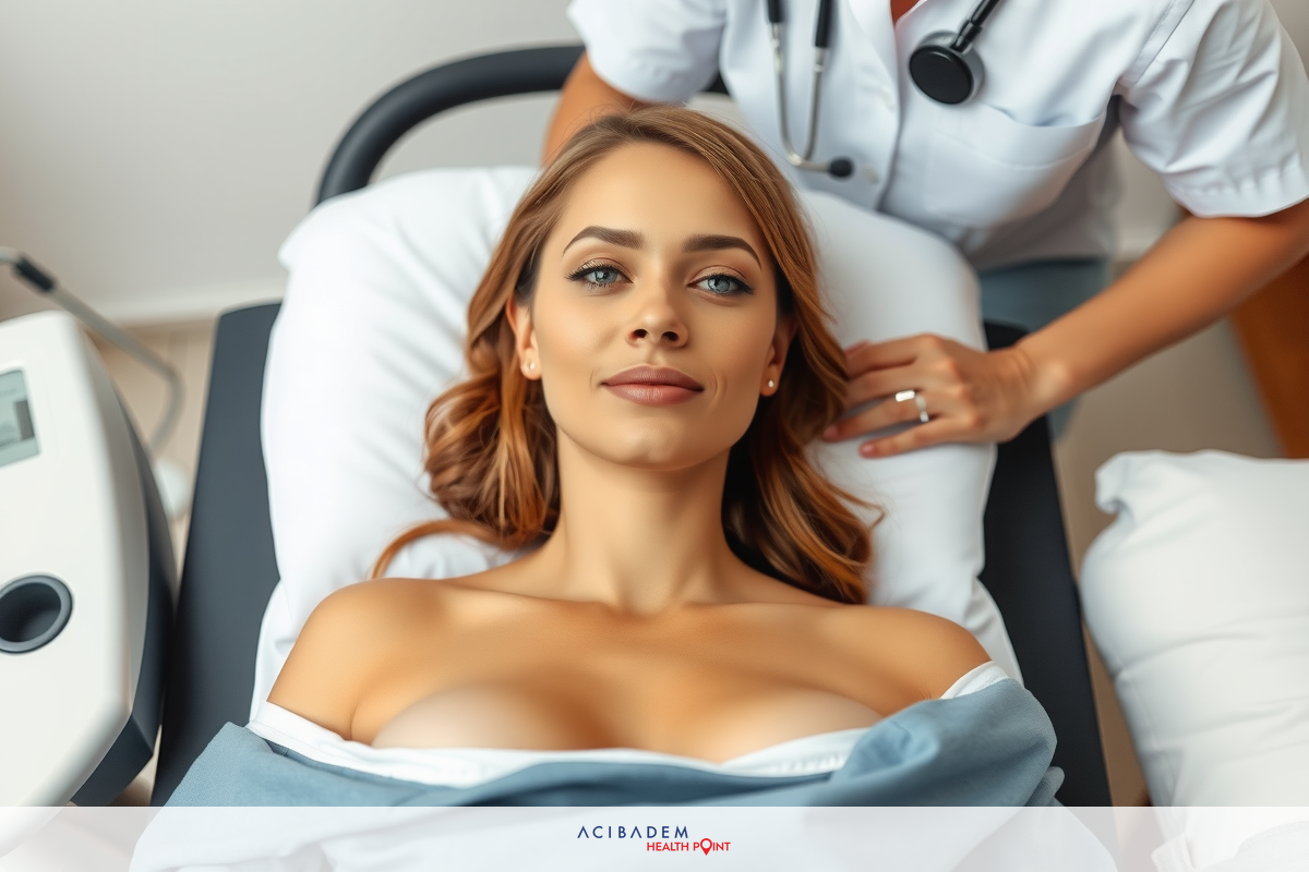 The image features a woman lying on her back, wearing a hospital gown. A medical professional in scrubs is standing beside her, attending to the patient. The setting appears to be a healthcare facility with medical equipment and an examination table visible.