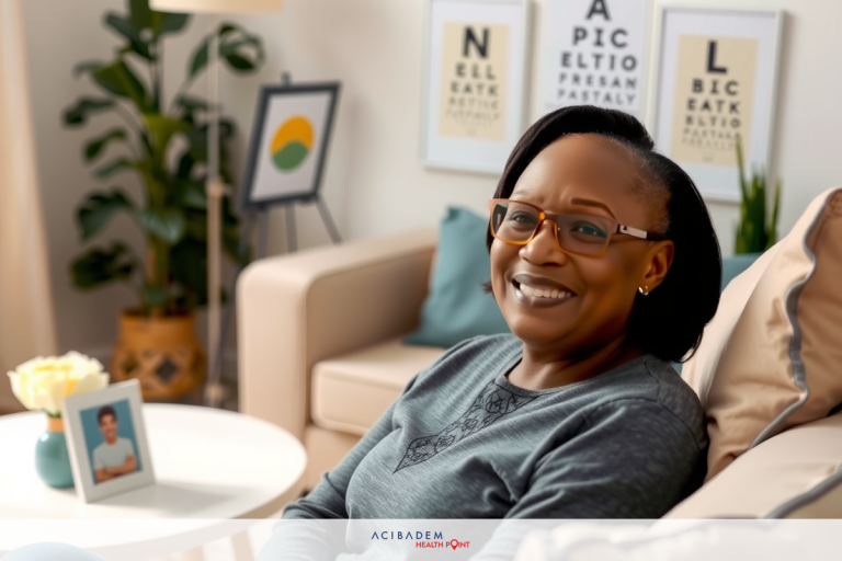 Can You Do LASIK One Eye at a Time? A woman sitting comfortably on a couch with glasses, smiling and relaxed. The room is neatly decorated with various artworks hanging on the wall behind her.