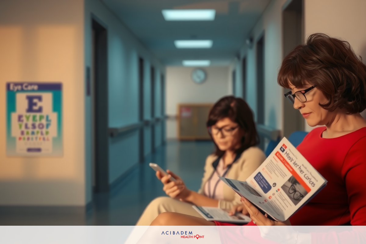 Two women in a hospital corridor, one reading pamphlets and the other checking her phone. The scene is casual with lighting suggesting it might be evening or twilight.