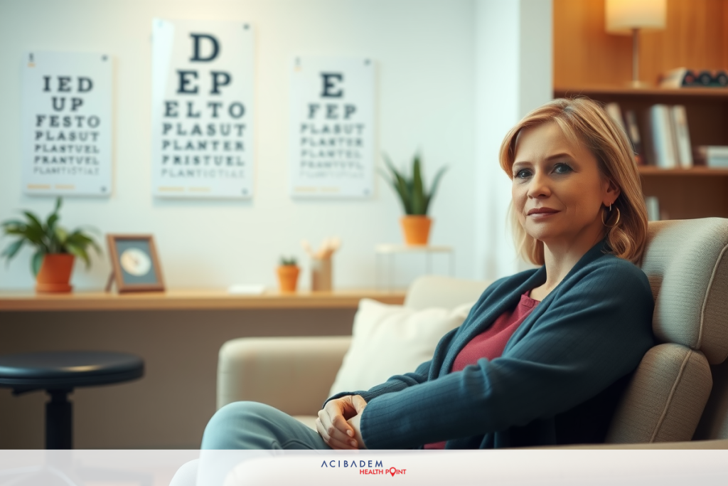 Is Laser Eye Surgery Suitable for Long Sightedness? A woman in a casual setting, possibly an medical office environment. She appears relaxed on a couch and is wearing a light gray jacket.
