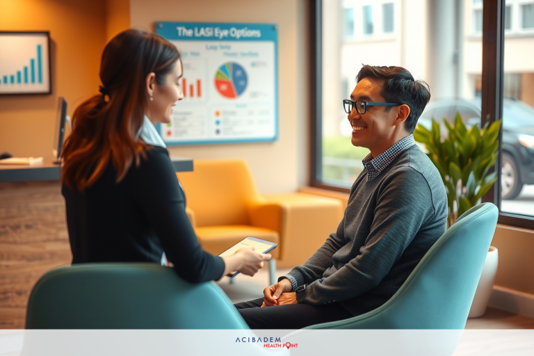 How Much Does a Eye Laser Surgery Cost A person in a modern office setting, engaged in conversation with another individual. Both individuals are seated. The environment is contemporary with sleek furniture and large windows allowing natural light.