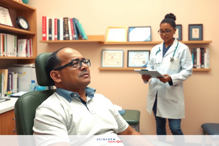 Can Better Eye Doctors Give You Better LASIK? A man seated in a chair with medical professionals attending to him. The man is wearing glasses, while the woman in the background appears to be a doctor, as suggested by her professional clothing. The setting looks like a medical office with shelving containing books and decorations.
