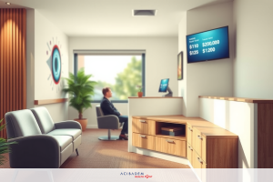 An office space with a monitor on the desk showing financial data, a man sitting in front of it. The room is modern and well-lit, with contemporary furniture.