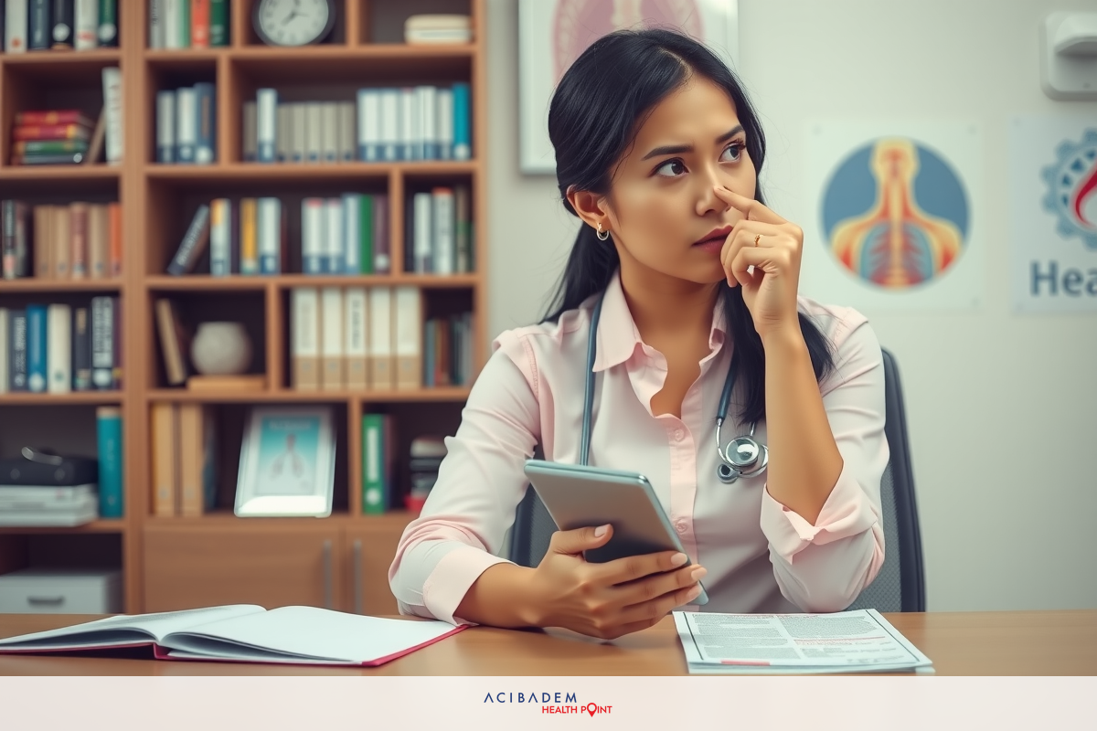 A young woman in a medical office, sitting at her desk with a cell phone. She is deeply engrossed in the content on her device, possibly researching or taking notes.