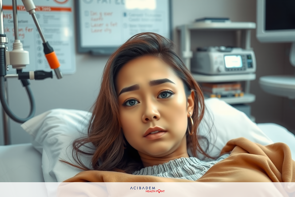 The image shows a woman lying in a hospital bed with medical equipment connected to her. She appears concerned or worried, as evidenced by her facial expression and the wrinkles on her forehead.