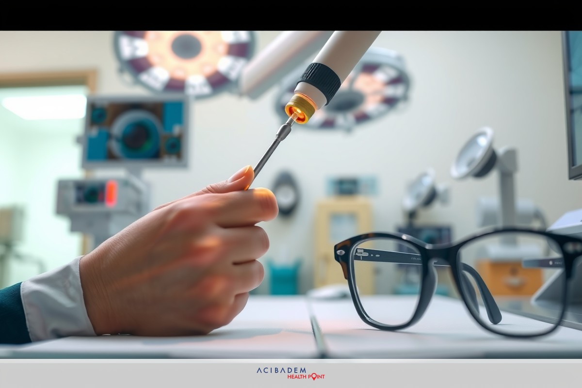 The image shows a person wearing surgical scrubs, holding a device with their right hand.