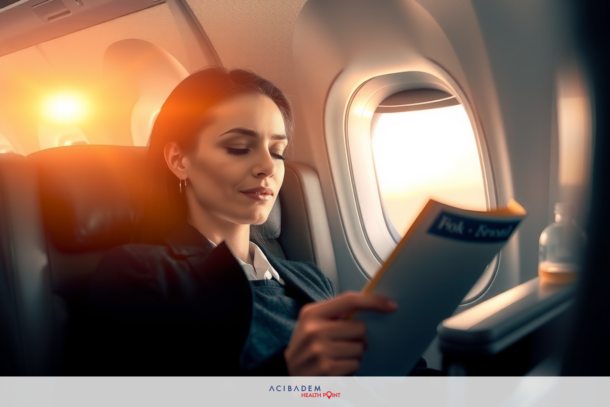 The image shows a woman seated in an airplane seat, looking down at some papers or documents she is holding.