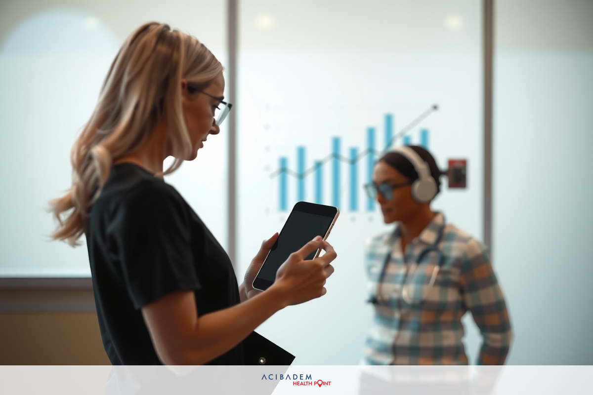The image shows a professional office setting. In the foreground, two individuals are engaged in what appears to be a consultation or discussion. The person on the left is actively showing something on their tablet to the other person, who is listening and possibly taking notes.
