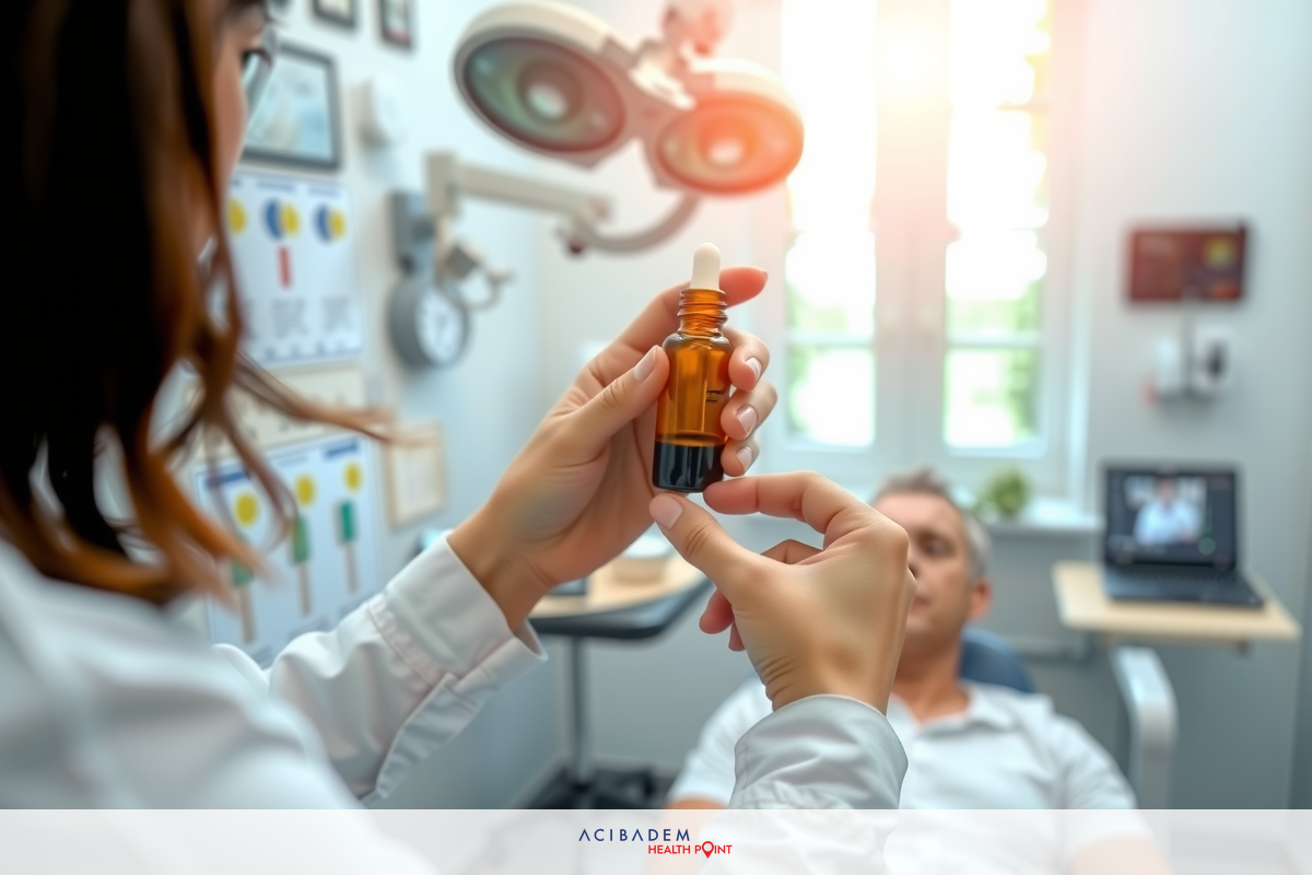 The image shows a person in a medical office setting. A female figure is visible on the left, holding what appears to be an oil vial and possibly discussing its application with the individual seated in front of her.