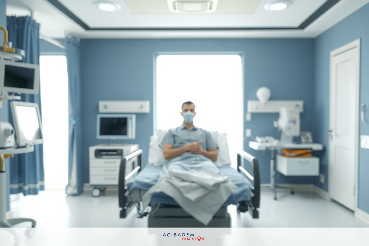 Inside a well-equipped hospital room with blue walls and modern medical equipment. A patient in a medical gown is seated on the bed, wearing a mask.