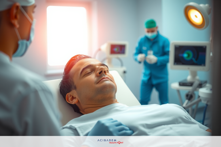 A man lying in a hospital bed, smiling as medical professionals perform an examination. The environment suggests a modern healthcare facility with sterile instruments and lighting.