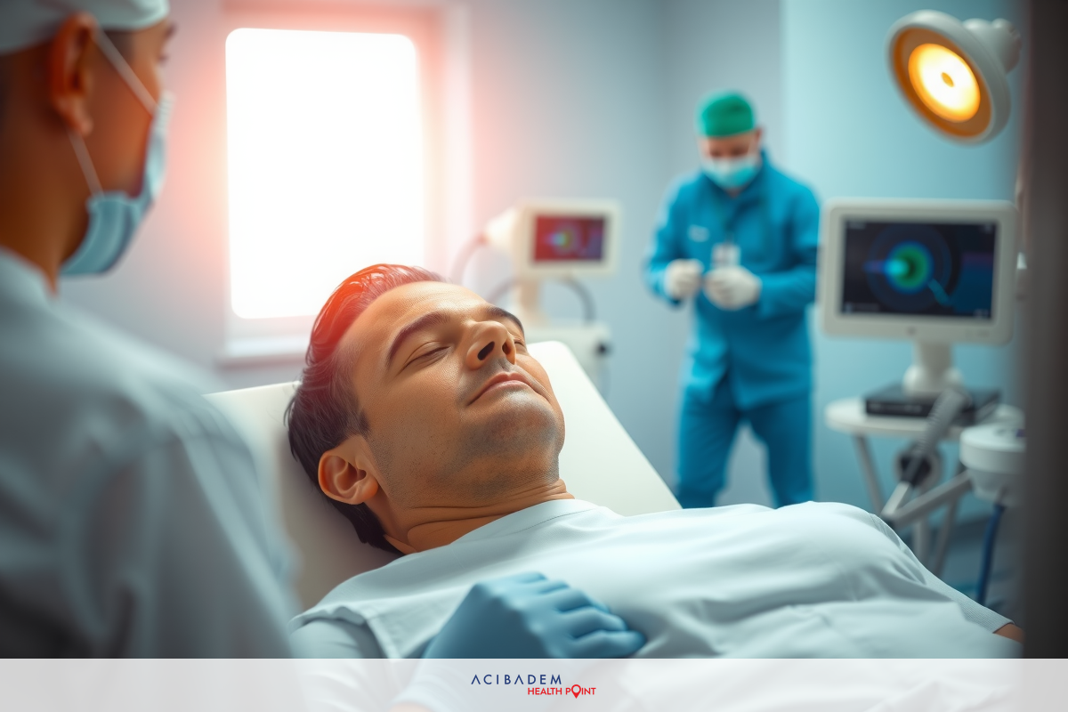 A man lying in a hospital bed, smiling as medical professionals perform an examination. The environment suggests a modern healthcare facility with sterile instruments and lighting.