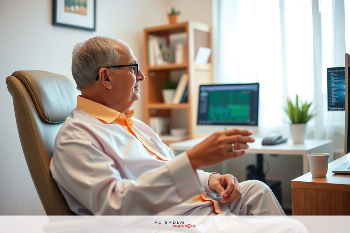 An older man sitting in a chair at his desk, wearing glasses. His attire is formal, suggesting he might be a professional or scholarly figure.