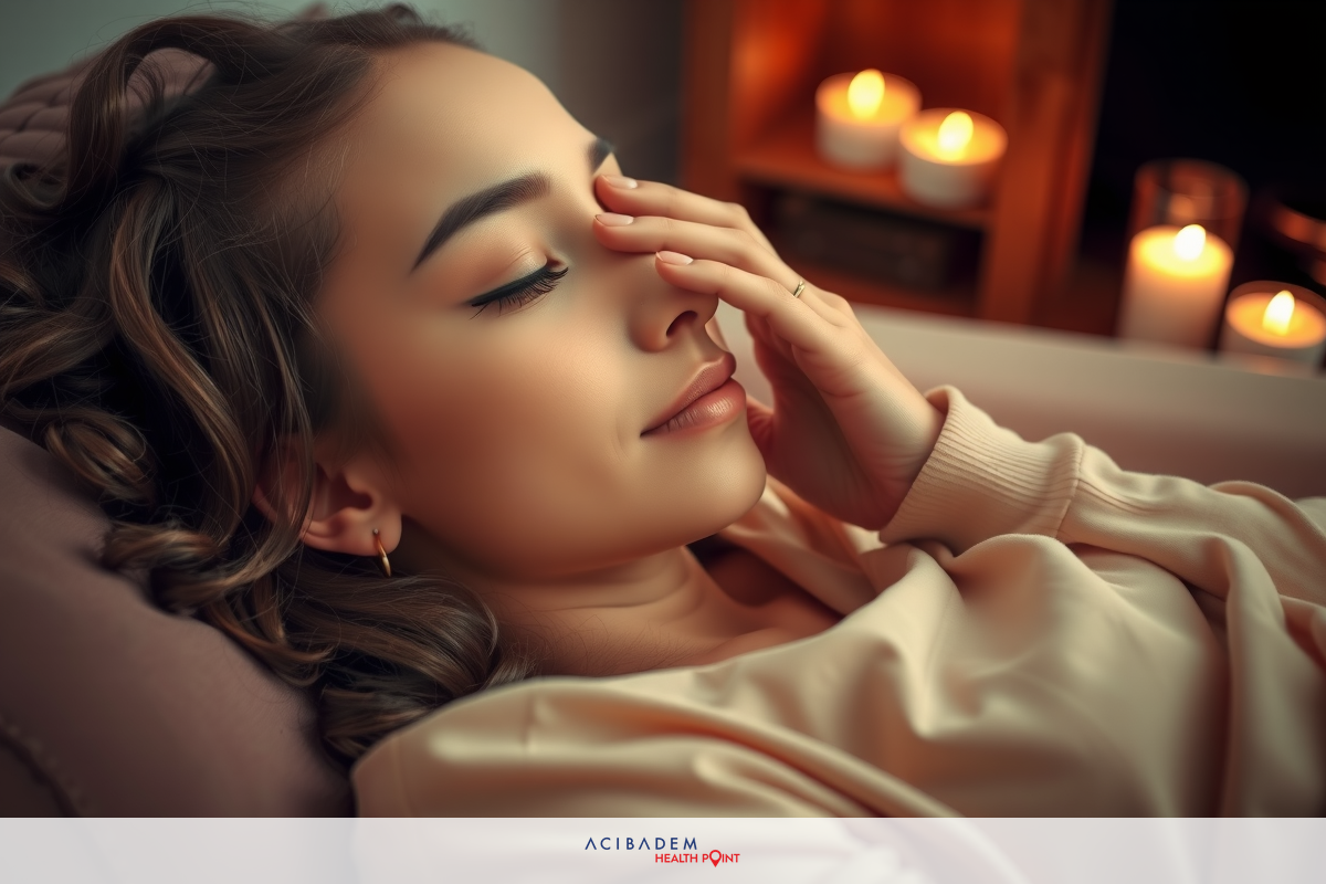 The image shows a woman lying down with her eyes closed. She appears to be resting or sleeping, as suggested by the relaxed posture and her hands placed on her forehead.