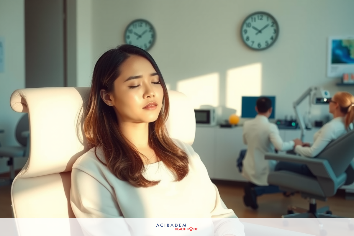 The image shows a woman sitting with her eyes closed, likely in a relaxed state. She is wearing casual clothing and appears to be indoors. There are clocks visible on the wall behind her, indicating that this scene may take place in an office or similar environment.