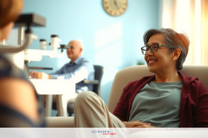 The image features an elderly woman seated in a chair within what appears to be an optometrist's office. The woman is smiling. The overall ambiance suggests a friendly and professional environment.