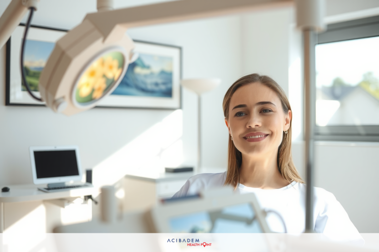 In the image, there is a young woman sitting in an office chair equipped with an eye doctor's light. She looks directly at the camera with a friendly smile on her face. The setting looks like a modern eye clinic with the eye doctor's light and chairs that are usually found in such environments.