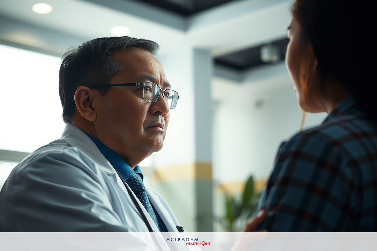 A professional scene in an office environment, featuring two adults. One person is standing and wearing a white coat with stethoscope around their neck, suggesting medical profession.