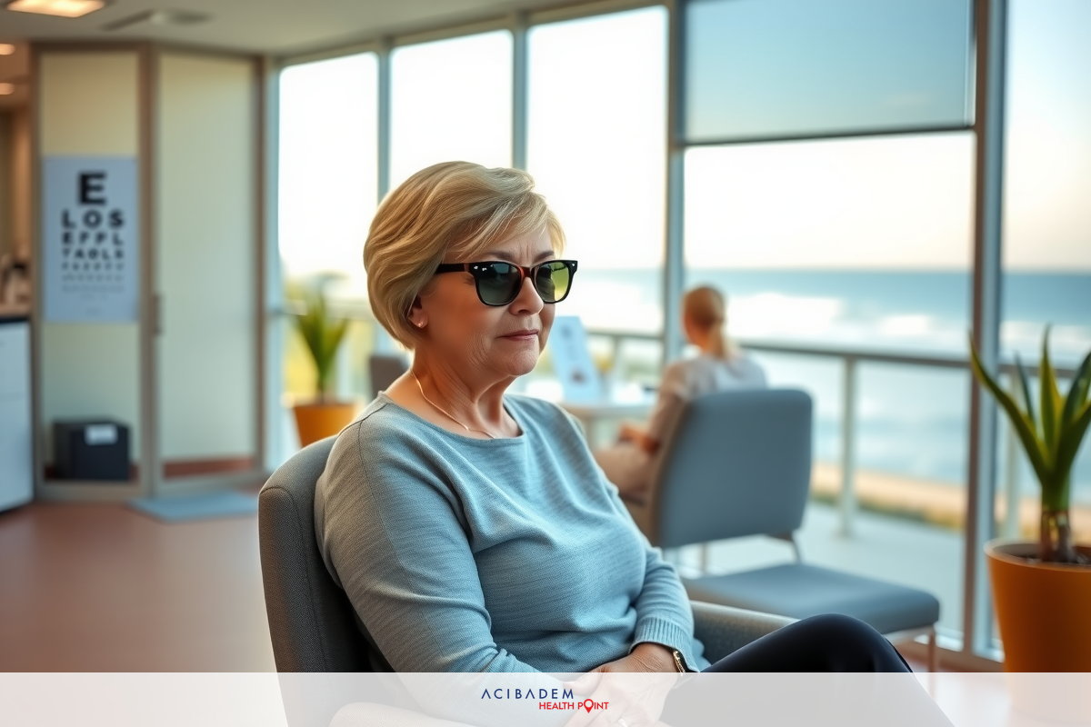 An older woman wearing a grey top and sunglasses, seated in an office chair next to a desk. The room has large windows showing an ocean view, a potted plant, and other typical office furnishings.