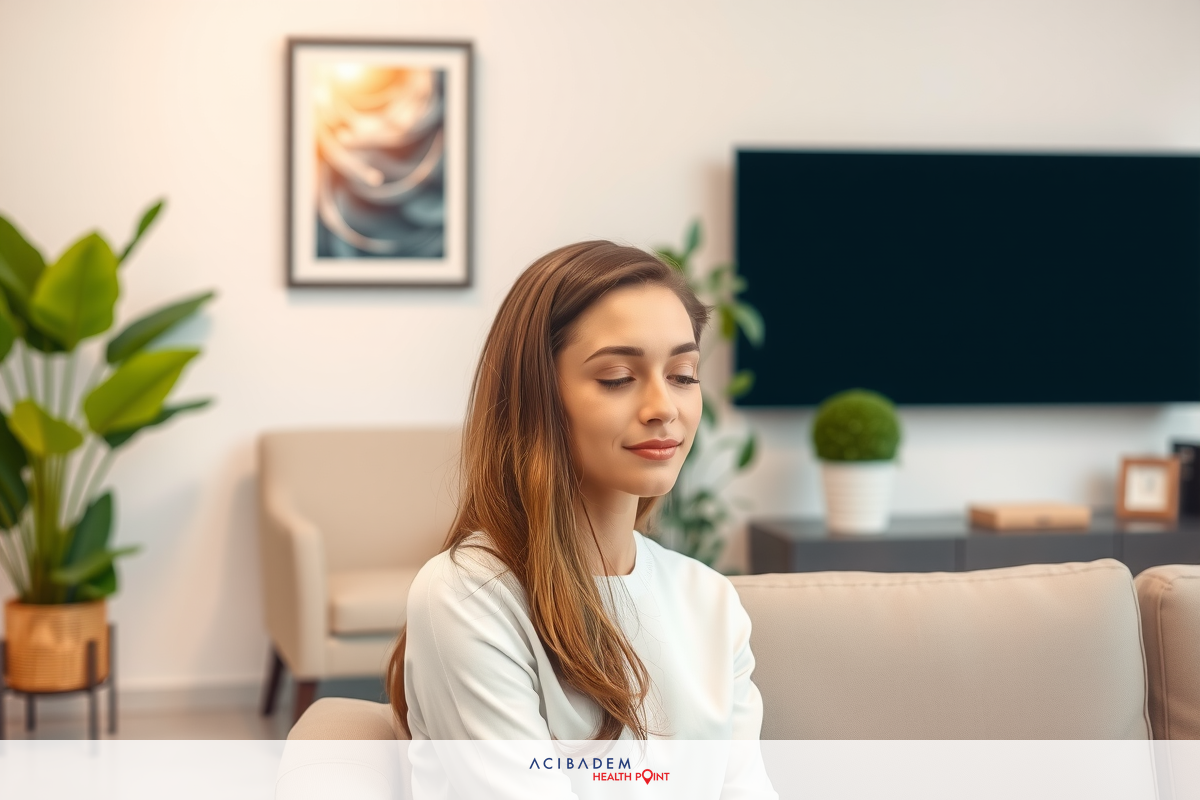 Woman seated on couch, in a modern office setting with blurred background. She appears to be engaged in conversation or interview.