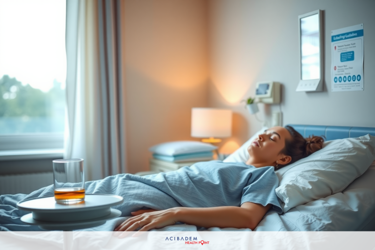 The image depicts a woman in a hospital bed, looking away from the camera. She is lying down with her head turned to one side.