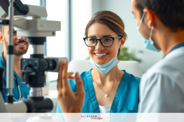 In the image, a woman is seated in what appears to be an optometric setting. She has her eyes closed and seems to be preparing for or receiving a vision test.