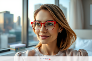 The image depicts a young woman with red-rimmed glasses, wearing a pink shirt, looking towards the camera with a slight smile. She is situated in an urban setting, as suggested by the windows and cityscape in the background.