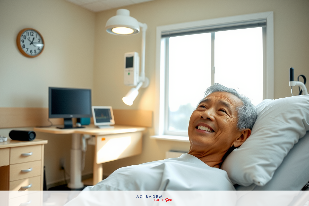 This is a photo of an elderly Asian man smiling while laying in a hospital bed. He appears to be receiving medical attention or care, as indicated by the medical equipment surrounding him. The room has standard hospital decor with a clock on the wall and bright lighting that suggests daytime. The overall mood of the image is positive and the elderly patient seems comfortable and well taken care of.