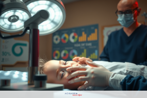 Medical professionals in operating room with illuminated surgical lamp, examining an infant. The baby is on a medical table surrounded by medical staff wearing surgical masks.