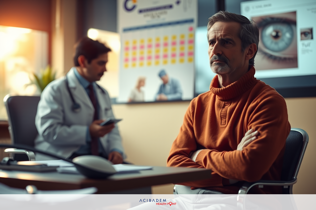 An office scene with a man in an orange sweater sitting at a desk. There is another person standing and holding what appears to be a tablet or clipboard, suggesting a professional discussion or examination.