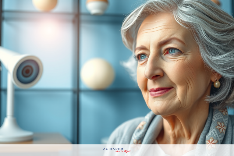 The image features a woman in her senior years. She is seated at what looks like a modern, comfortable workspace with a white screen and possibly a digital device to the left of her.