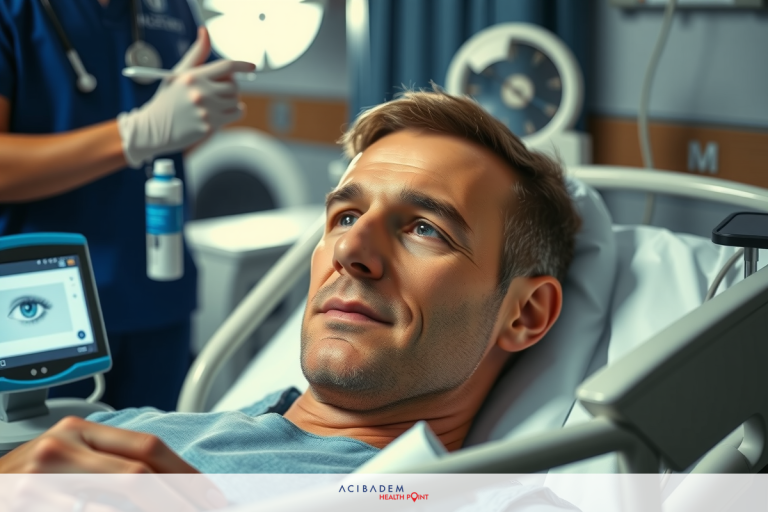The image depicts a hospital setting with a young man lying on a bed in what appears to be an intensive care unit. He is smiling, suggesting he might be using it for entertainment or information while in recovery.