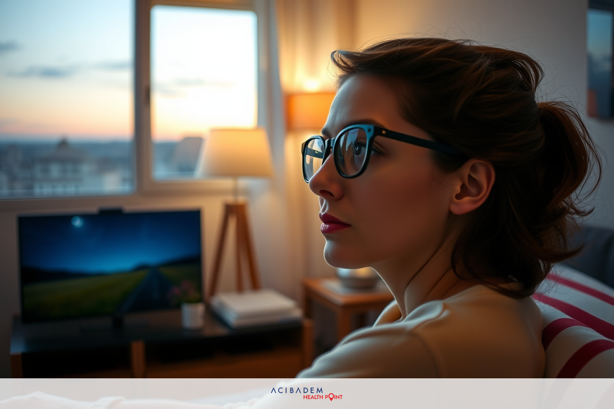 The image depicts a woman sitting in an indoor setting, which appears to be a living room or bedroom. She is wearing glasses and has her hair pulled back into a bun.